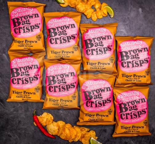 20× Křupavé, ručně vyráběné Brown Bag Crisps s krevetami a limetkou 40 g
